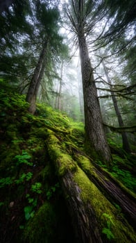 Enchanting Misty Forest Floor with Lush Green Moss and Tall Trees. photo