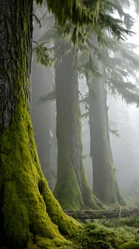 Ancient Moss Covered Forest Trees in Misty Foggy Atmosphere. photo