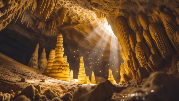 Stunning underground cave featuring majestic stalagmites illuminated by sunlight beams photo