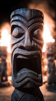 Mysterious Tiki Idol Illuminated by Fiery Torches in the Dark. photo