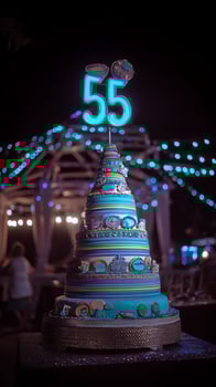 Spectacular fifty fifth birthday cake glowing with festive blue lights. photo