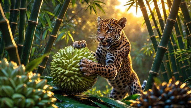 A leopard playfully interacts with a durian fruit amidst lush bamboo in a vibrant jungle setting photo