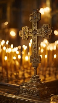 Ornate Golden Cross Illuminated by Numerous Flickering Candles in a Sanctuary. photo