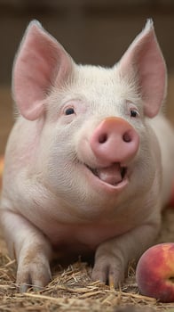 Adorable Piglet Grins Happily with Peaches in a Cozy Barn Setting. photo