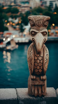 Rustic Owl Totem Carving Stands Guard Over City Waterway at Dusk. photo