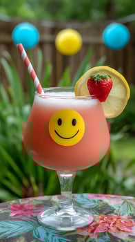 Refreshing Pink Drink With Strawberry, Lemon And Smiley Face Decoration. photo