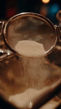 Powder falling through a sieve in a close up, soft focus shot. photo