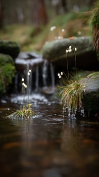 Delicate Spring Snowdrops Bloom by a Gentle Waterfall. photo