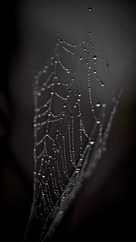 Delicate Spiderweb Adorned with Morning Dewdrops on a Dark Background. photo