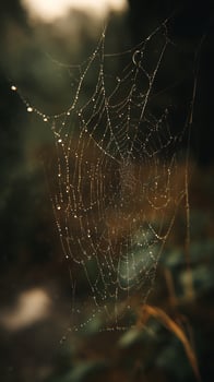 Sparkling Morning Dew on a Spiderweb in Golden Light. photo