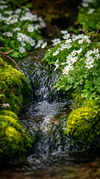 Gentle Woodland Stream Flowing Past Mossy Banks and Delicate White Flowers. photo