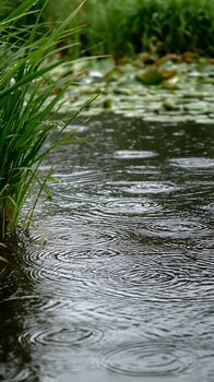 Gentle Rain Ripples on a Calm Pond with Lush Green Grass. photo