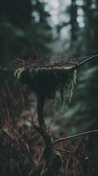 An abandoned moss covered nest in a misty forest. photo