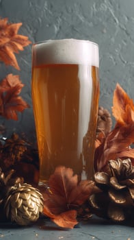 Frothy Beer Glass Surrounded by Autumn Leaves and Golden Pinecones. photo