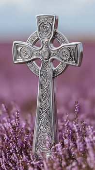 Ornate Silver Celtic Cross Stands Tall Amidst Vibrant Purple Heather Field. photo