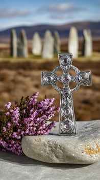 Celtic Cross and Heather Symbolizing Heritage and Nature's Beauty. photo