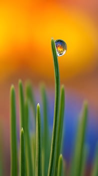 Tiny World Captured in a Dewdrop on a Green Plant Blade. photo