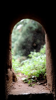 Spiderweb glistens with dew inside a dark stone archway. photo