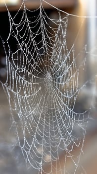 Delicate Dewdrops Adorn Intricate Spiderweb on a Misty Morning. photo