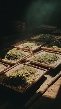 Fresh Tea Leaves Drying on Bamboo Trays in Warm Sunlight. photo