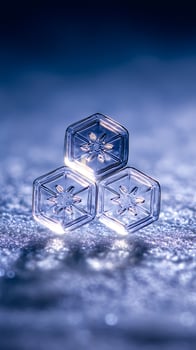 Macro View of Three Crystal Snowflakes Gleaming on a Frosted Surface. photo