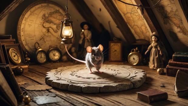 A curious mouse exploring an old attic filled with maps, clocks, and vintage dolls, evoking nostalgia photo