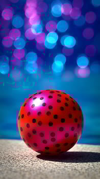 Bright Red Ball With Black Spots Near Blurry Blue and Pink Lights. photo