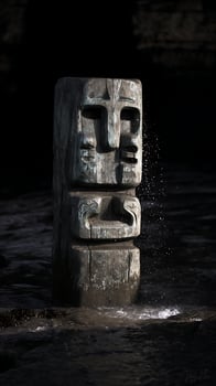 Ancient Carved Totem Washed by Crashing Waves on a Dark Shore. photo