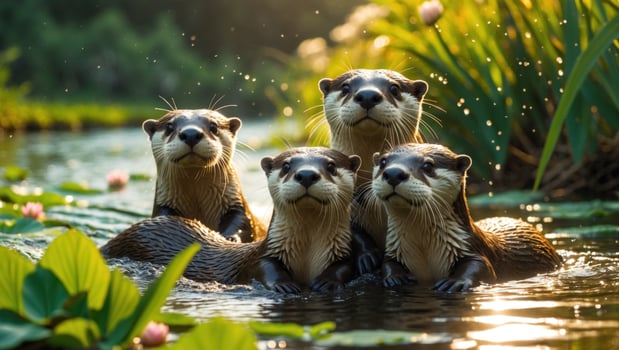 Group of playful otters swimming together in a serene pond surrounded by lush greenery and flowers photo