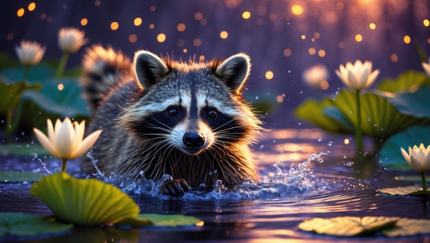 Raccoon swimming among water lilies at sunset, with shimmering reflections and soft light in background photo
