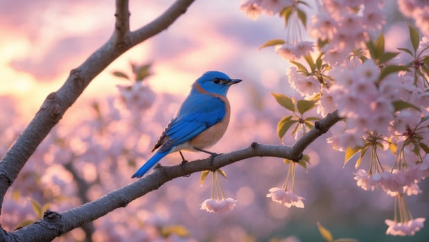 Vibrant blue bird perched on a cherry blossom branch during sunset, surrounded by blooming flowers photo