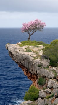 Solitary Blooming Tree Stands Proudly On A Cliff Overlooking Blue Waters. photo
