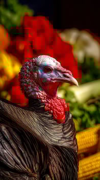 Close up of a turkey head with colorful produce in the background. photo