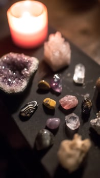Healing Crystals and Warm Candlelight, Mystical Ambiance. photo