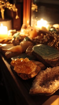 Warm Candlelight Illuminates Precious Gemstones and Crystals. photo