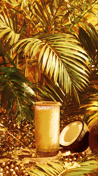 Tropical Gold A Refreshing Coconut Drink Amidst Lush Golden Leaves. photo