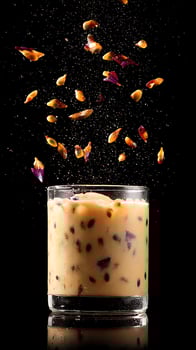 Refreshing Drink with Floating Fruit Pieces and Bubbles on Black Background photo
