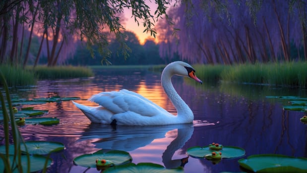 Elegant swan gliding through serene waters surrounded by lily pads at sunset in a tranquil landscape photo