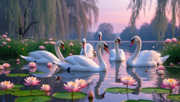 Serene scene of swans gliding gracefully on a tranquil lake surrounded by blooming lotus flowers at dusk photo