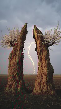 Towering Trees Frame a Dramatic Lightning Strike in the Sky. photo