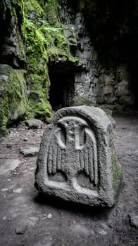 Ancient Eagle Stone Carving Inside Mossy Cave Entrance. photo