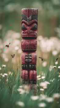 Ancient Tribal Carving Stands Tall Amidst Butterflies and Wildflowers. photo