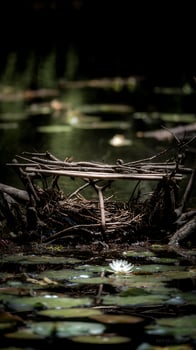 Rustic Nature Shelter Built by Beavers in a Tranquil Pond Setting. photo