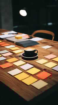 Brainstorming Session Coffee, Notes, and a Warm Lamp Light. photo