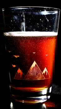 Sparkling Amber Drink with Mountain and Bird Etching in Glass. photo