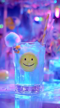 Happy Lemon Drink with Cotton Candy and Fun Straws in Neon Light. photo