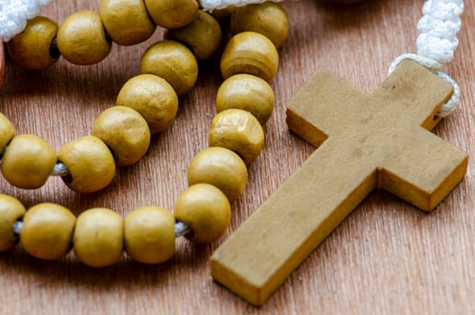 Close Up Of Wooden Rosary With Beads And Cross photo