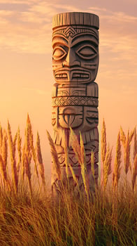 Ancient wooden idol stands tall amidst golden reeds at sunset. photo