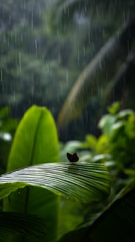 A Lone Butterfly Shelters from the Tropical Rain on a Large Green Leaf. photo
