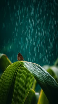 Butterfly resting on a wet leaf during a gentle rain shower. photo